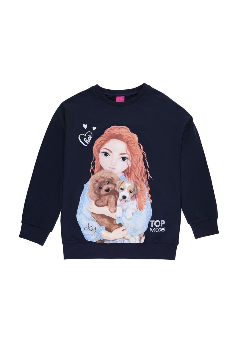 Felpa blu navy con un design stampato che raffigura una ragazza con capelli rossi che tiene due cani, con la scritta "TOP Model" e cuori decorativi.