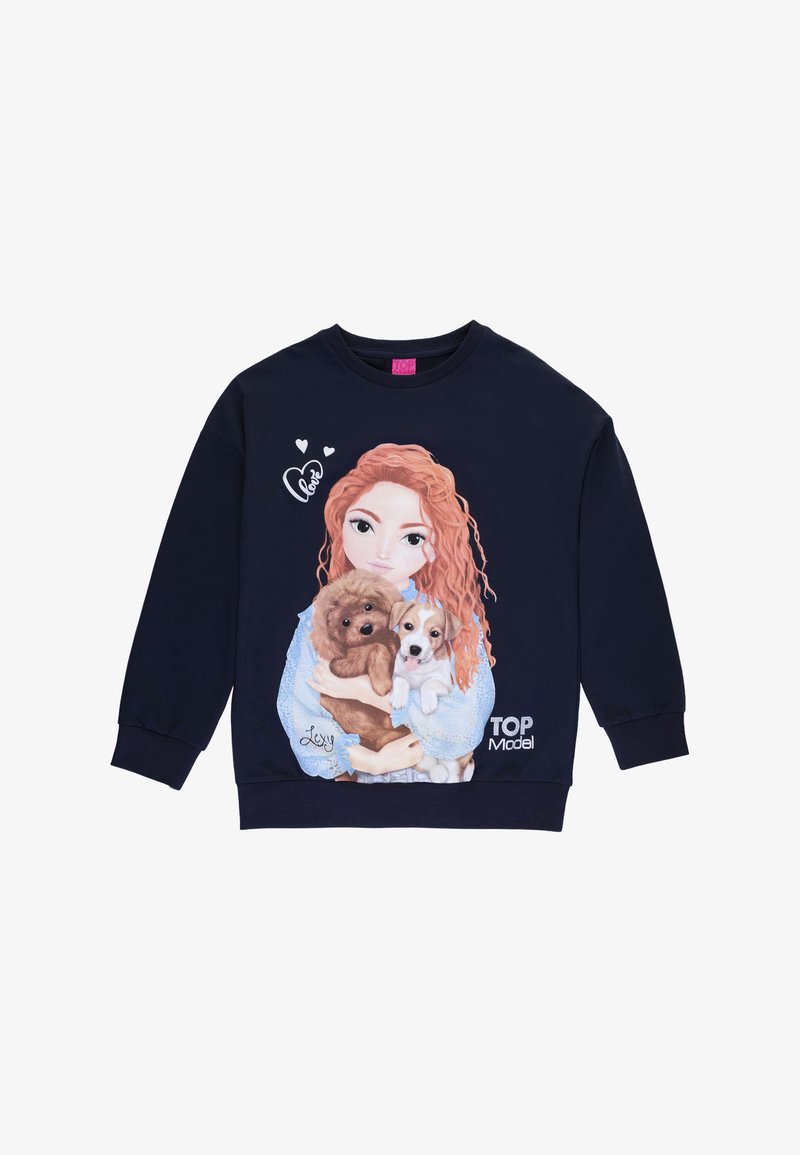 Felpa blu navy con un design stampato che raffigura una ragazza con capelli rossi che tiene due cani, con la scritta "TOP Model" e cuori decorativi.