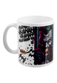 Tazza in ceramica con finitura bianca lucida. Da un lato presenta il logo di Batman e pipistrelli; dall'altro lato c'è un'illustrazione del Joker con del testo.