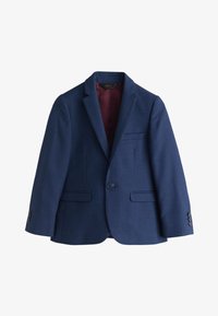 Blazer azul marino para niños con patrón de cuadros finos, cierre frontal de un solo botón, solapas con muesca y dos bolsillos con tapeta.