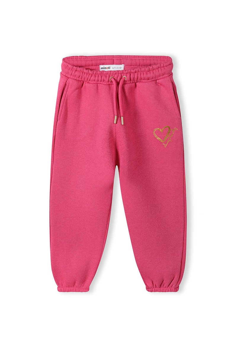 Rosa barnbyxor i sweatshirtmaterial med elastisk midja och muddar, dragsko, sidfickor och en liten guldhjärt-grafik på vänster ben.