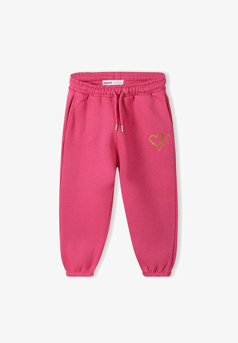 Rožu bērnu sporta bikses ar elastīgu jostu un piedurknēm, auklu, sānu kabatām un nelielu zelta sirds attēlu kreisajā kājā.