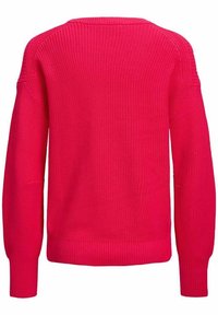 Maglione rosa acceso in lavorazione a maglia con collo rotondo, maniche e bordo a costine, caratterizzato da un corpo testurizzato e una vestibilità leggermente ampia.