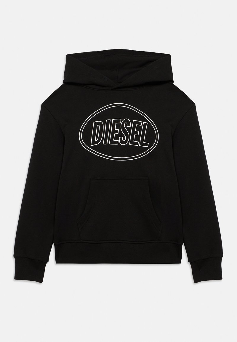 Μαύρο φούτερ με κουκούλα και τσέπη μπροστά, με μεγάλο λευκό λογότυπο "DIESEL" σε οβάλ σχέδιο. Κατασκευασμένο από μαλακό, υφασμάτινο ύφασμα με υφή.