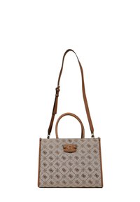 Beige synthetic handbag with a structured design, embossed pattern, brown leather accents, top handles, and an adjustable shoulder strap.