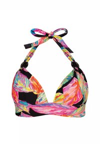 Trójkątny biustonosz bikini z kolorowym wzorem liści na czarnym tle, z regulowanymi zawiązaniami na szyi w stylu halter oraz okrągłymi akcentami z czarnego metalu.