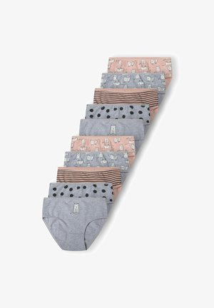 10-osaline puuvillaste aluspükste komplekt halli ja roosa tooni. Omab loomamustreid, triibusid ja täpid. Pehme tekstuur ja elastsed vööd.