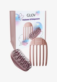 GLOV Volume Whisperers hårkamsett i lys rosa, med brede tenner og fleksible børster for volum. Eske-designet har fargerike detaljer.
