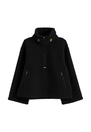 Mustmust sweater kõrge kraega, lukuga ees ja kahe lukuga küljetaskuga; krae peal on ümmargused nupud.