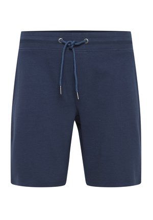 Temno modri kopalni šortki z teksturiranim vzorcem, elastičnim pasom in nastavljivo vrvico, ki ima kovinske konice.