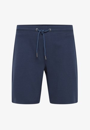 Temno modri kopalni šortki z teksturiranim vzorcem, elastičnim pasom in nastavljivo vrvico, ki ima kovinske konice.