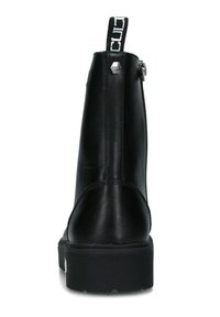Stivaletti neri in pelle con una finitura liscia, dotati di una zip laterale, suola in gomma e un inserto con logo a contrasto sul retro.
