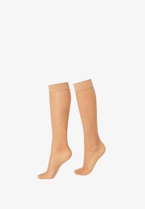 Medias altas de rodilla en tono nude, confeccionadas en nylon transparente, con suaves bandas elásticas en la parte superior, diseñadas para brindar comodidad y una apariencia discreta.