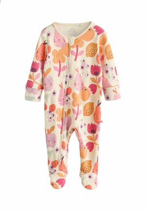 Body de bebe cu maneci lungi, de culoare crem, cu un model colorat de fructe si flori in nuante de roz, portocaliu si mov. Inchidere cu fermoar frontal.