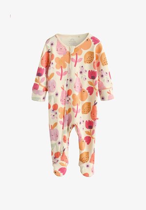 Dugih rukava dječja bodi u krem boji, s raznobojnim uzorkom voća i cvijeća u ružičastoj, narančastoj i ljubičastoj boji. Zatvaranje na prednjem dijelu sa zatvaračem.