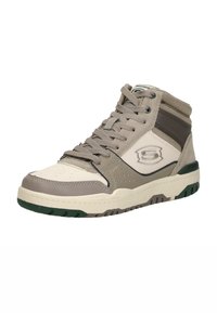 High-top sneakers in beige and gray with a perforated toe, textured overlays, and a green sole. Features lace-up design and branded accents.