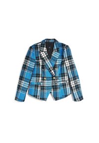 Modro-černá a bílá kostkovaná dvouřadá sako s klopami a zlatými knoflíky, vystaveno na bílém pozadí.