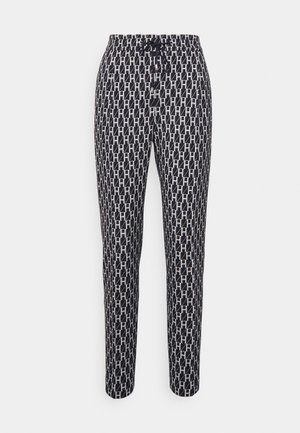 Pantalon en tissu léger de couleur marine avec un motif graphique blanc répété. Comprend une ceinture élastique avec cordon de serrage.