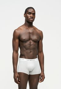 Μυώδης άντρας που στέκεται, φορώντας ανοιχτό γκρι boxer briefs Tommy Hilfiger, με ουδέτερη έκφραση, σε απλό λευκό φόντο.