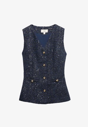 Mørkeblå ærmeløs vest med en struktureret vævning, med guldbutton-detaljer og en V-hals-design. Glat indre foring.