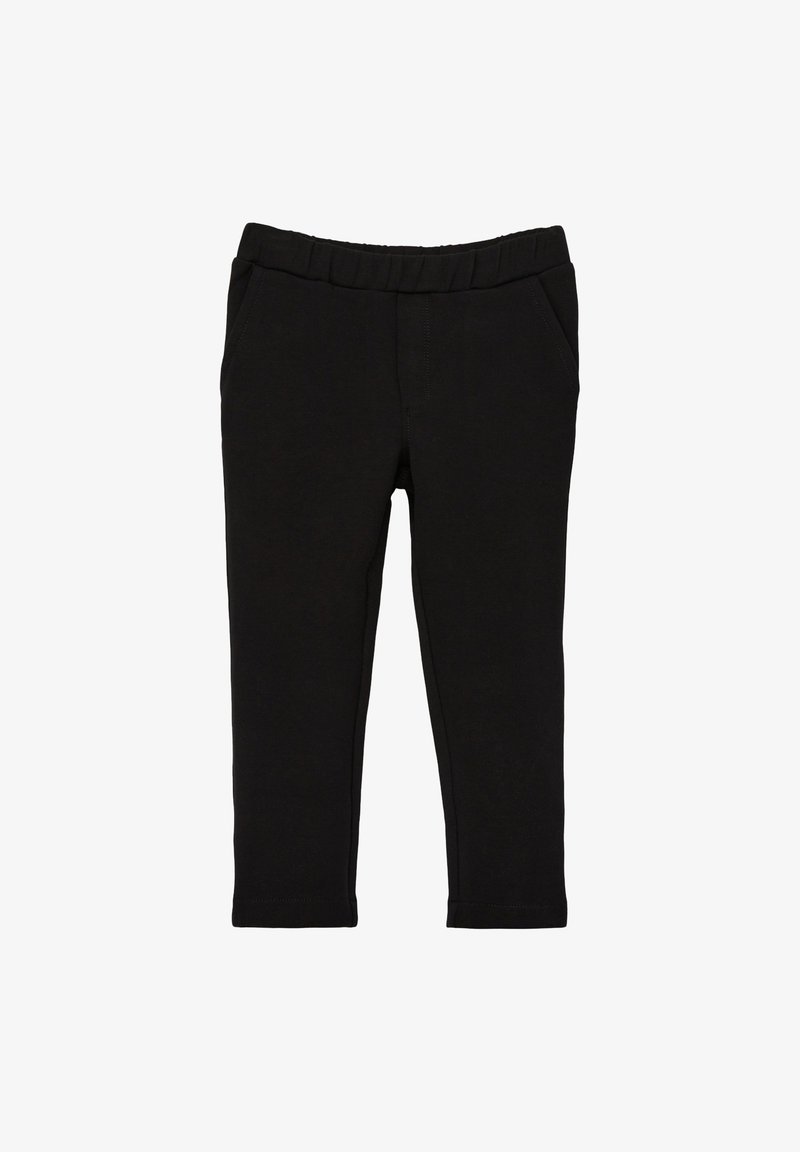Pantalon stretch noir avec une texture lisse, taille élastique et deux poches latérales. Conçu pour le confort et une mise en place facile.