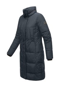 Navy blue padded coat with high collar, zip front, and side pockets. Features a smooth texture and contrasting black knit cuffs.
