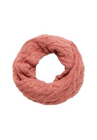 Écharpe infinity tricotée dans un motif en câble doux et texturé. Couleur : rose pâle. Forme circulaire avec une apparence confortable et épaisse.
