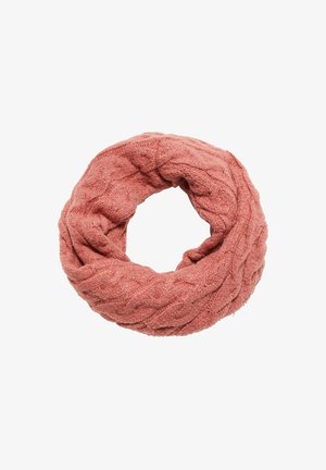 Gebreide infinity-sjaal in een zachte, gestructureerde kabelpatroon. Kleur: gedempt roze. Cirkelvormig met een gezellige, dikke uitstraling.