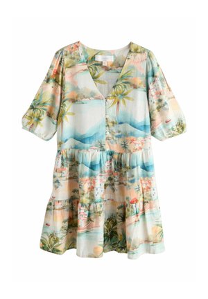 Linen dress with a v-neck and short puff sleeves, featuring a multicolor tropical landscape print and a tiered, flared skirt.