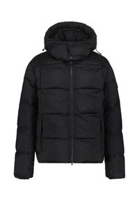 Schwarze Pufferjacke mit hohem Kragen, abnehmbarem Kapuze, Frontreißverschluss und seitlichen Reißverschlusstaschen.