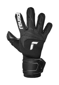 Guanto da portiere nero con impugnatura strutturata, cinturino regolabile al polso e marchio bianco sull'indice e sul dorso della mano.