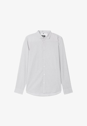 Lange mouwen knoopshirt in lichtgrijs met een subtiel stippenpatroon, featuring een puntige kraag en recht afgewerkte zoom. Zachte stoftextuur.