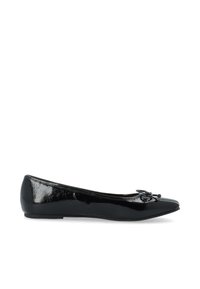 Schwarze lackleder Ballerinas mit spitzem Zehenbereich, Schleifendetail auf dem Blatt und einer glatten, glänzenden Oberfläche. Niedriger Absatz für Komfort.
