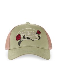 Casquette trucker en mesh beige et rose avec le logo "Von Dutch" et une broderie de rose rouge sur le panneau avant.