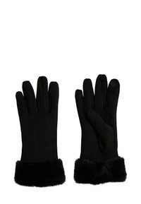 Guantes negros con un suave puño de pelo sintético, tela suave, dedos estructurados y un pulgar compatible con pantallas táctiles.