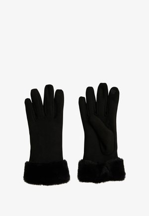 Guantes negros con un suave puño de pelo sintético, tela suave, dedos estructurados y un pulgar compatible con pantallas táctiles.