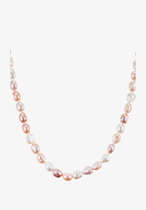 Prírodný sladkovodný perlový náhrdelník, obsahuje nepravidelné tvary, krémovo biele a jemne ružové odtiene, s hladkým povrchom a jemným leskom.