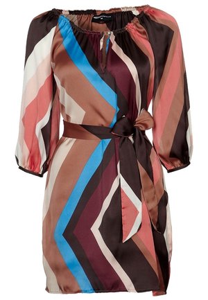 Long-sleeve dress with geometric diagonal stripes in brown, blue, pink, and white, featuring a waist tie and gathered neckline with front keyhole.