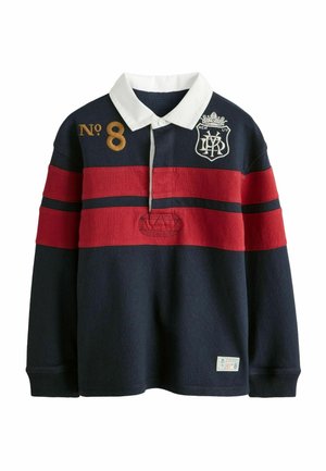 Long-sleeve navy rugby shirt with red stripes, white collar, gold "No 8" on chest, and white embroidered crest on upper left side.