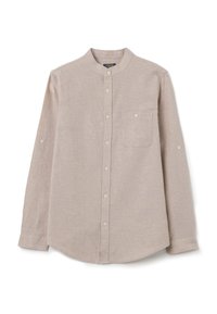 Hellbeige Button-Down-Shirt aus Leinenstoff. Verfügt über einen Stehkragen, lange Ärmel mit Knopfmanschetten und eine aufgesetzte Brusttasche.