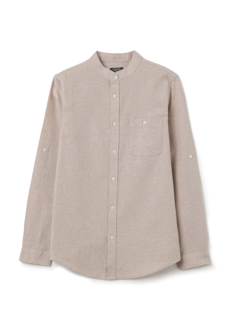 Hellbeige Button-Down-Shirt aus Leinenstoff. Verfügt über einen Stehkragen, lange Ärmel mit Knopfmanschetten und eine aufgesetzte Brusttasche.