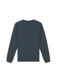 Donkerblauwe sweatshirt met lange mouwen, ronde halslijn en ribgebreide boorden en zoom. Gladde textuur, geen patronen of graphics.