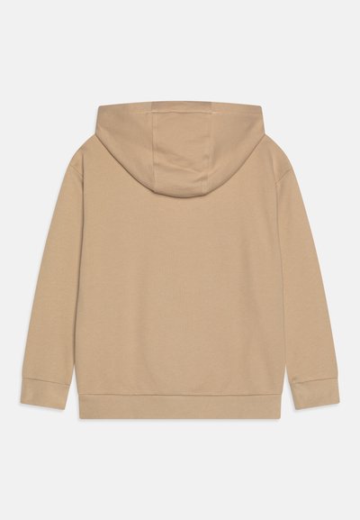 Beige hoodie med känguruficka, långa ärmar och dragsko i huven. Slät textur och ribbade muddar vid ärmarna och midjan.