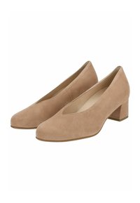 Pompes en daim beige avec un bout carré et un talon bloc modeste. Le design simple présente une tige découpée pour un look raffiné. Texture lisse.