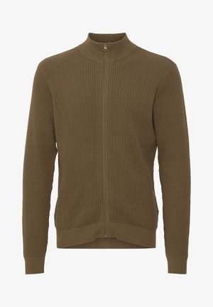 Brauner Reißverschluss-Sweater mit strukturiertem Strickmuster, hohem Kragen und gerippten Bündchen. Verfügt über Seitentaschen und einen leicht taillierten Saum.