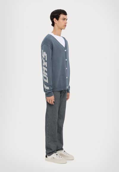Cardigan lavorato a maglia blu con scollatura a V, caratterizzato da bottoni e lettere bianche in grassetto sulla manica. Abbinato a jeans grigi e sneakers chiare.