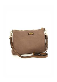 Borsa a tracolla in pelle marrone con una superficie liscia, dettagli in metallo dorato, chiusura con zip e tracolla regolabile.