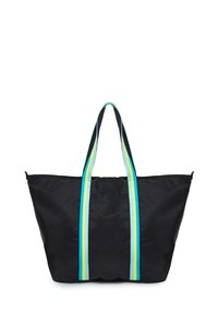 Borsa tote nera con manici spessi a strisce color turchese e giallo chiaro, realizzata in tessuto resistente, dotata di chiusura con zip nella parte superiore.