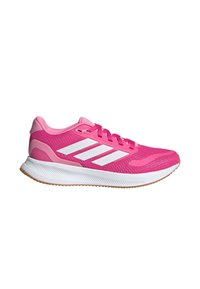 Baskets de sport roses avec dessus en mesh, bandes blanches, semelle rembourrée et semelle extérieure en caoutchouc texturé. Comprend un col rembourré et des lacets.