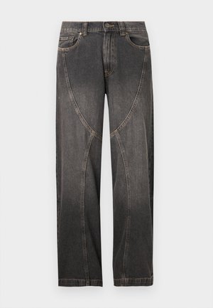 Jeans neri a gamba larga con cuciture a contrasto e design con pannelli curvi sul davanti, dotati di passanti per cintura e tasche frontali.